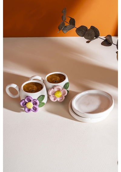 Rivaistanbul Göz Desenli Amore El Yapımı Seramik Double Kahve Fincanı Mug Kupa Krem