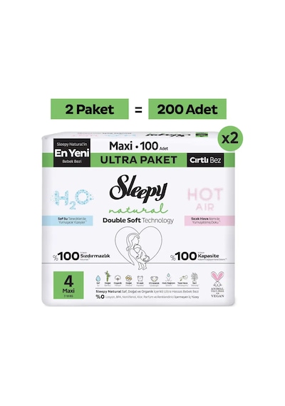 Sleepy Natural Double Soft Ultra Fırsat Paketi Bebek Bezi 4 Numara Maxi 200 Adet