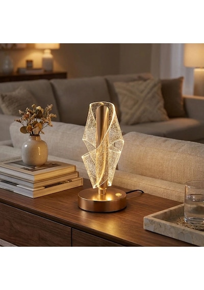 Çapraz Kavisli Ters Kristal Simli Led Masa Lambası Gold Gövdeli, Dokunmatik, 3 Kademe Işık Ayarlı Şarjlı Dekoratif Lamba 5570 Beyaz