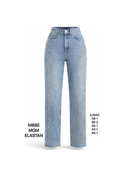 Miss Poem Kadın A.mavi Yanları Taş Detaylı Mom Fit Jean Pantolon Açık Mavi