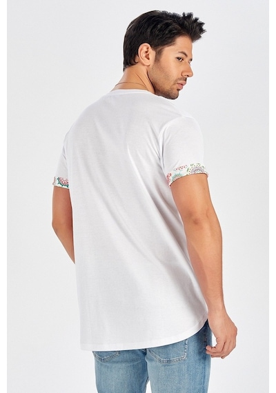 Peraluna Kol Ucu Desenli Uzun Beyaz Pamuklu Erkek T-Shirt-Beyaz