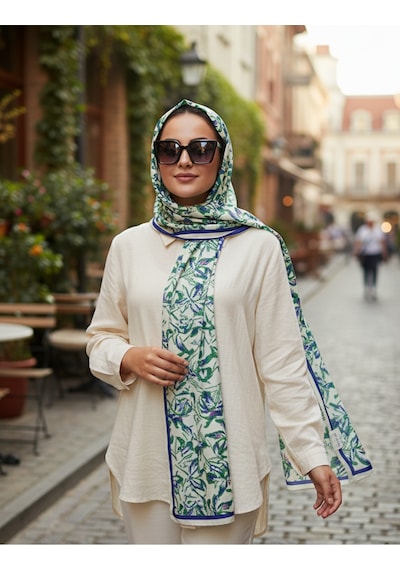 Vivid Floral Desen Pure Touch Koton Şal 75x185cm Ekru - Yeşil