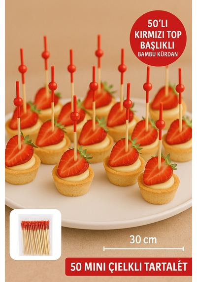50 Li Kırmızı Top Başlıklı Bambu Kürdan Tatlı, Kanape Ve Kokteyl Sunum Kürdanı