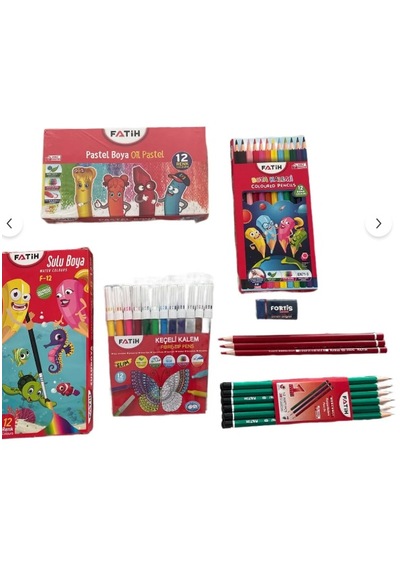 Benisa Shop Fatih 12 Li Kırtasiye Set , Kuruboya, Suluboya , Pastel Boya , Keçeli Kalem,kalem Set , Silgi Çok Renkli