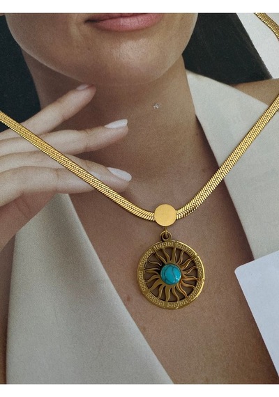 Firüze Taşlı Halka Kararmaz Çelik Kadın Gold Kolye