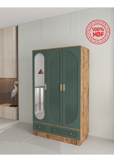 Soho 3 Kapaklı Çekmeceli Bazalı Gardırop - Tamamı Mdf Yeşil