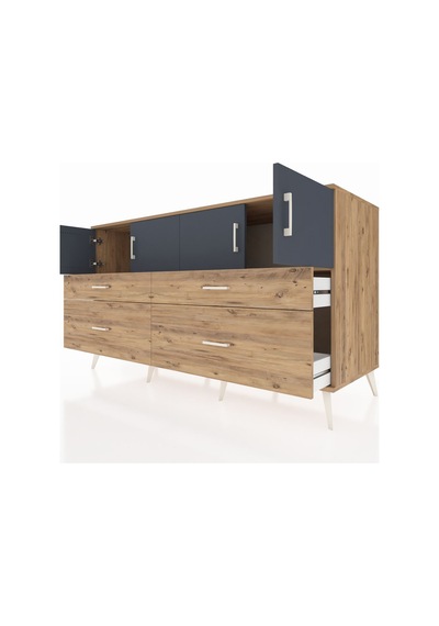 Kronos Konsol 2 Raflı 4 Çekmeceli 4 Kapaklı 176x59x99 Çam-antrasi Çam-antrasit/çam