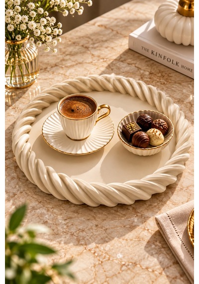 Jasper Beyaz Dekoratif Yuvarlak Sunum Tepsisi 3d Baskı Kahve Çay Lokum Ve İkram Tepsisi