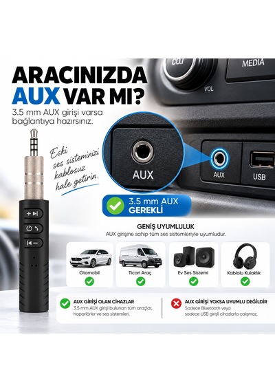 Bluetooth Aux Araç Kiti 5.0 3.5 Mm Adaptör Type-c Şarjlı Mikrofonlu
