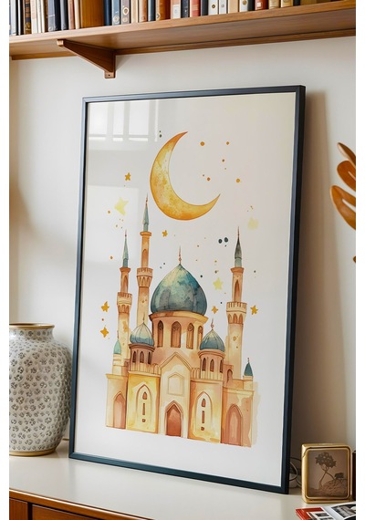 Pastel Sulu Boya Cami Ve Hilal Çerçeveli Tablo - Çocuk Odası Ramazan Hediyesi Eğitici Duvar Sanatı Siyah Pastel Sulu Boya Cami Ve Hilal Çerçeveli Tablo - Çocuk Odası Ramazan Hediyesi Eğitici Duvar Sanatı Siyah