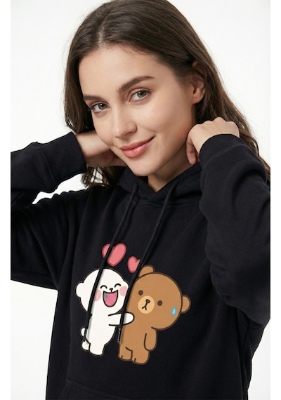 Nevermind Unisex Oversize Hoodie Kalpli Figür Baskılı Siyah