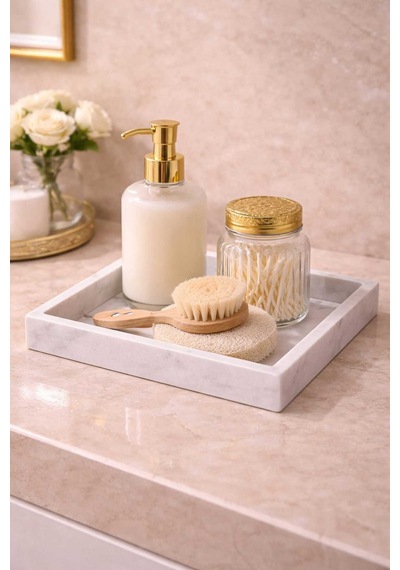 20x20 Cm Mermer Tepsi Kare Banyo Organizer Mutfak Sunum Tepsisi Kahve Parfüm Takı Standı