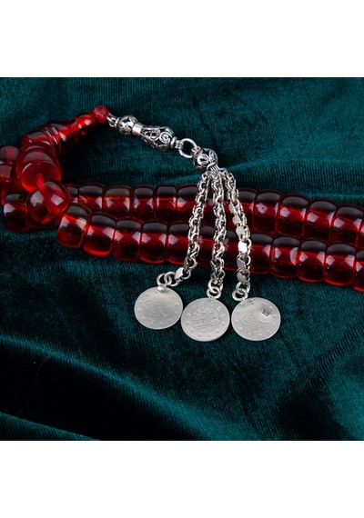 Osmanlı Ateş Kehribar 1900'ler Dönem İşi 925 Ayar Gümüş Püskül Fıçı Kesim 14x8mm Tesbih Kırmızı