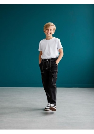 Zekids Çocuk Kargo Cepli Kontrast Dikişli Geniş Paça Pantolon-16618 Siyah Zekids Çocuk Kargo Cepli Kontrast Dikişli Geniş Paça Pantolon-16618 Siyah