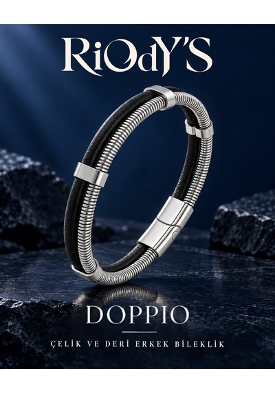 Riody's Doppio Erkek Bileklik Çelik Ve Siyah Deri Çift Sıra Bas-aç Kilitli Modern Tasarım Gümüş - Siyah