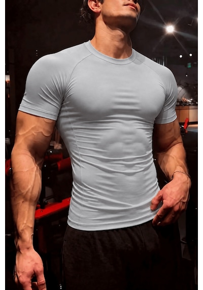 Genius Store Erkek Dalgıç Kumaş Compression Spor Tişört Muscle Body Fit Gym Antrenman T-shirt Compression-t-shirt Gri