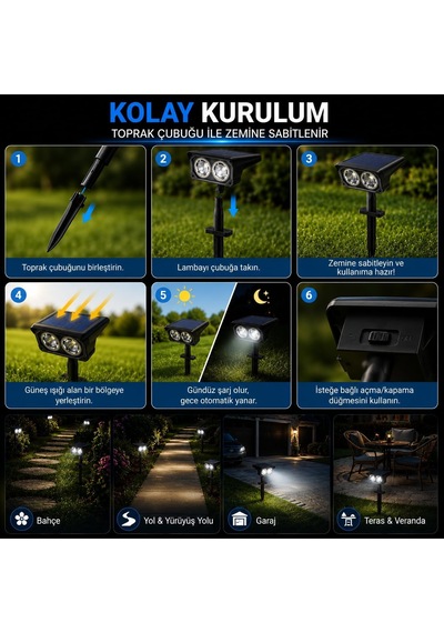 Solar Bahçe Lambası 2w Smd Led, Toprak Çubuklu, Güneş Enerjili Bahçe Aydınlatma, 6500k Beyaz Işık, Karanlık Sensörlü, 200 Lümen, Çim Lambası, Pt-b211