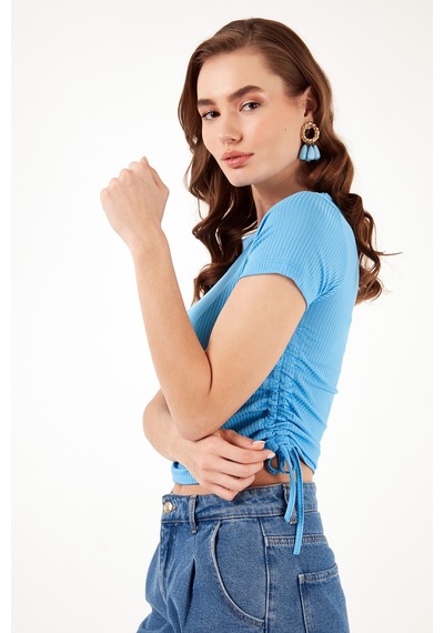 Lela Slim Fit V Yaka Yanları Büzülebilir Bayan Bluz 5864011 Mavi