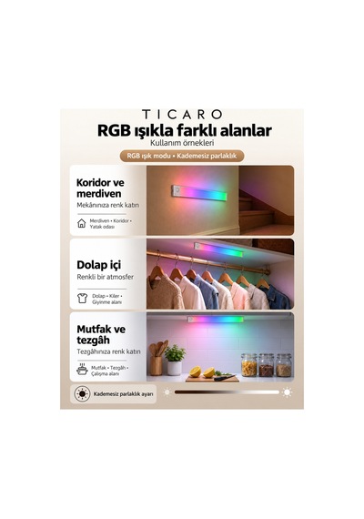 Tıcaro 40 Cm Rgb Sensörlü Şarjlı Led Dolap Işığı, 94 Led, 3000 Mah, 1 Adet Gümüş