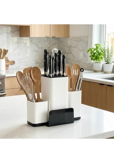 Bıçak Organizeri Ve Mutfak Gereçleri Düzenleyici Çok Bölmeli Kaymaz Tabanlı Modern Bıçaklık, Ahşap Ve Metal Bıçaklara Uygun Saklama Standı, Kaşık Spatula Ve Kepçe Düzenleyici 7009