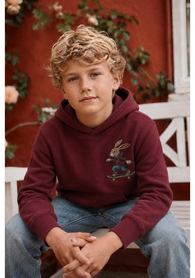 Esila Kids Erkek Çocuk Kapüşonlu Baskılı Sweatshirt Kanguru Cepli Günlük Hoodie Bordo