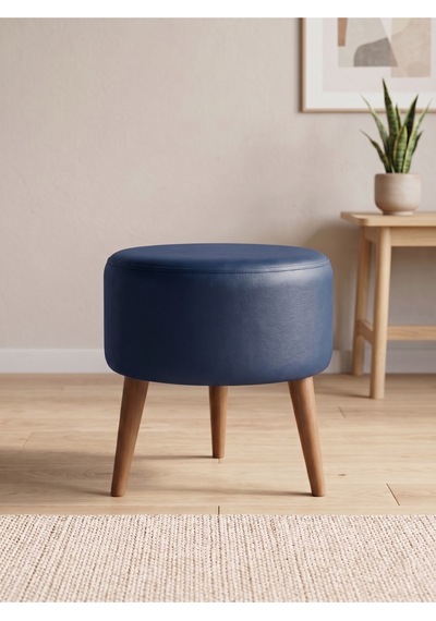 Modern Lacivert Deri Puf Tabure Ahşap Ceviz Ayaklı Yuvarlak Puf 40x42 Cm