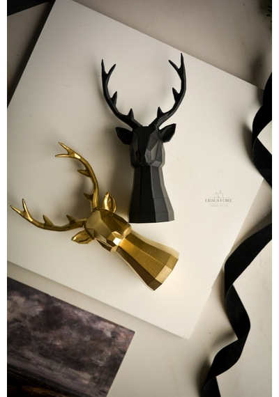 2 Li Set Geyik Figürlü Obje Tasarım Modern Dekoratif Hediyelik Biblo Siyah-gold 16cm Altın Varak