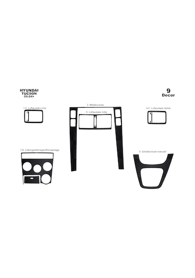 Hyundai Tucson Torpido Kaplama 2004-2010 9 Parça Siyah Karbon
