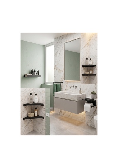 Modern Mat Siyah Metal Banyo Aksesuar Seti 5 Li Ful Paket Banyo Düzenleyici Raf & Askılık & Montaj Gerektirmez