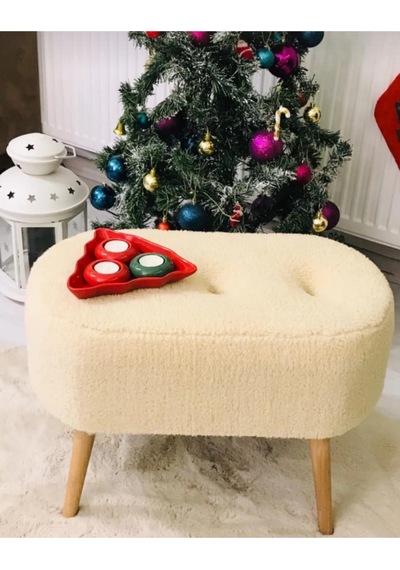 Gürgen Ahşap Ayak Tedy Kumaş Oval Pufidik Puf Bench Krem