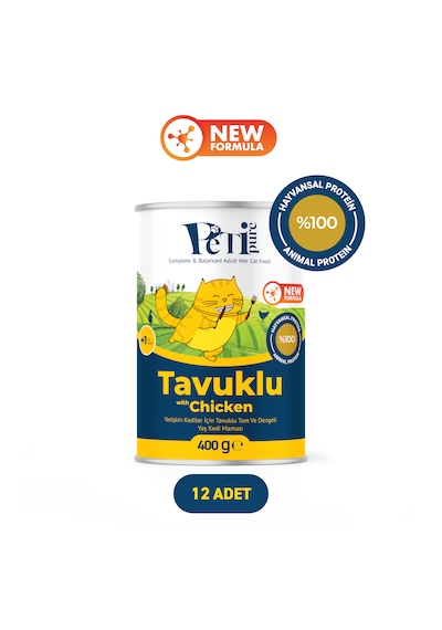 Tavuklu Yaş Konserve Yetişkin Kedi Maması, Jöle İçinde Parça Etli, 400 Gr X 12 Adet
