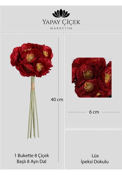 Kırmızı Yapay Gelincik Çiçeği Buketi 8 Dallı Lüx İpeksi Dokulu 40 Cm