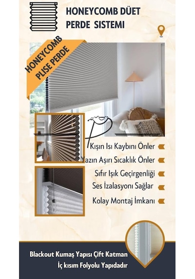 Blackout Karartma Plise Perde Honeycomb Düet Akordiyon Perde Termal Özellikli - 20 X 100 20 X 100 Gri