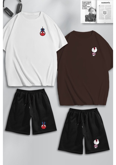 Unisex Kadın Erkek Hello Kitty Spiderman Baskılı Sevgili Çift Kombini Tasarım Oversize Tshirt V Şort Kahve Siyah Gri Mck0301 Çok Renkli