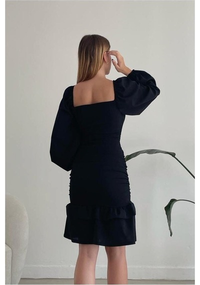 Lior Design Kadın Sade Kare Yaka Büzgülü Uzun Kollu Abiye Elbise Siyah