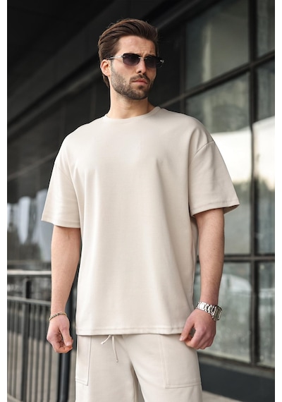 Madmext Taş Rengi Bisiklet Yaka Oversize Erkek Şort T-shirt Takım E7355 Taş Rengi