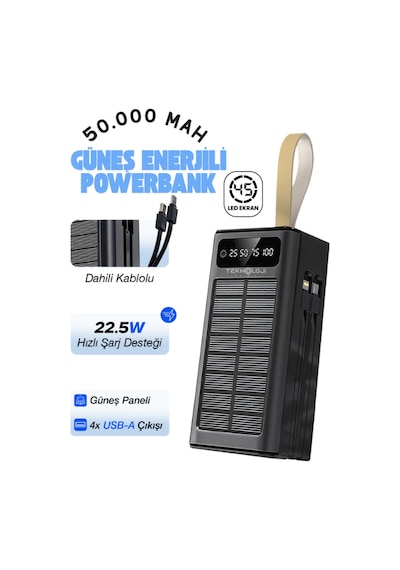 50.000 Mah Powerbank Güneş Enerjili Solar Hızlı Şarj Göstergeli Kablolu Taşınabilir Batarya 22.5w Siyah