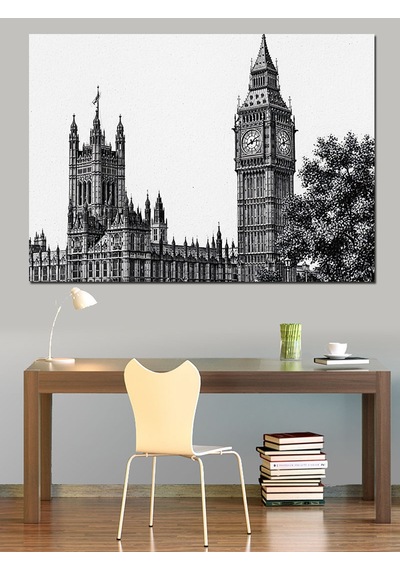 Siyah Beyaz Londra Big Ben Şehir Manzarası Dekoratif Kanvas - Mdf Ahşap Tablo