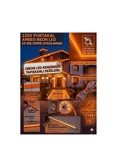 50 Metre Amber 220v Neon Led Şerit Led, Çok Parlak, Kesilebilir, Tak-çalıştır Fişli & Yedek Fişli,esnek Led