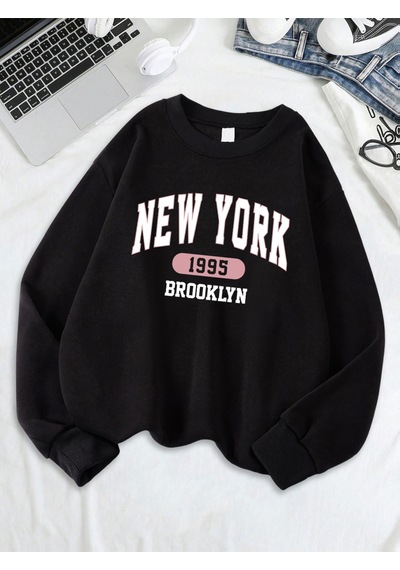Startmore Startmorenew York Brooklyn 1955 Baskılar Tişörtü Kadın Bisiklet Yaka Rahat Kapüşonlular Gevşek Polar S Siyah