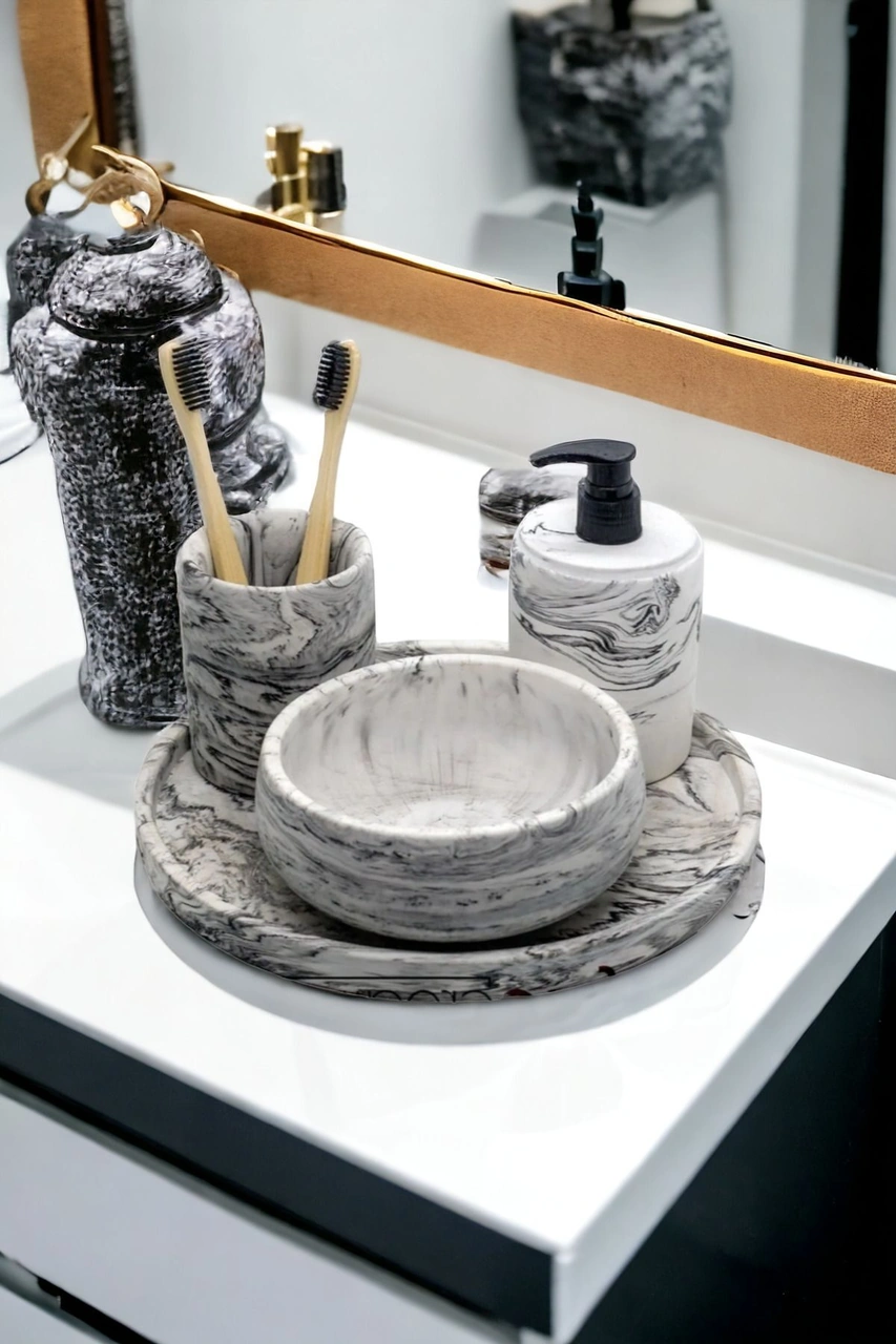 Mermer Desenli 4'lü Banyo Seti, Sıvı Sabunluk Diş Fırçalığı Beton Aksesuar Takım Gri