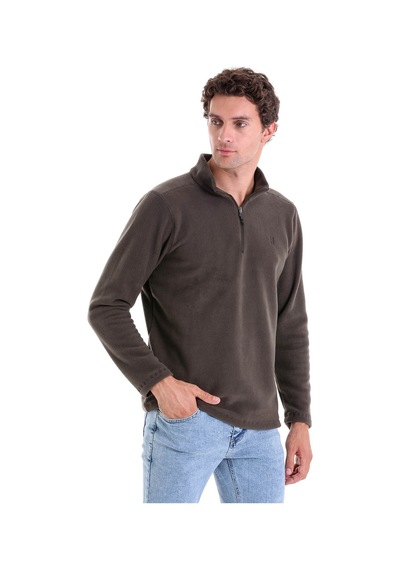 Hatemoğlu Regular Fit Düz Tam Boy Fermuarlı Polar Sweatshirt Haki