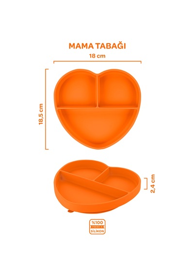 Silikon Beslenme Seti 3'lü Sunset Turuncu / Mama Tabağı, Bambu Saplı Mama Kaşığı Ve Çatalı