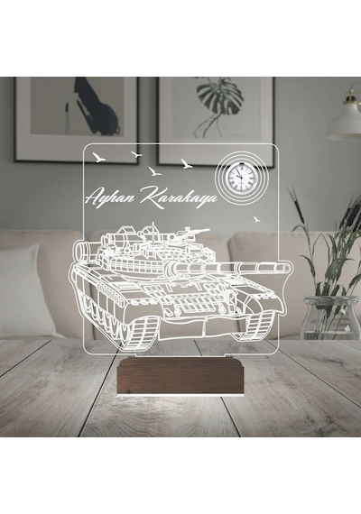 Luvivia Tank Asker Hediye Tankçı Kişiye Özel Metal Saatli 3d Lamba - Masa Gece Lambası