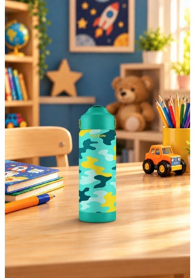 Puccon 540 Ml Kamuflaj Desenli Yeşil - Sarı Erkek Çocuk Pipetli Çelik Termos Matara/suluk - 60035