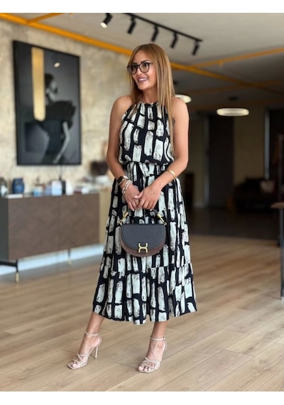 Defymoda Kadın Viskon Kumaş Ip Askılı Halter Yaka Cepli Midi Boy Elbise Siyah