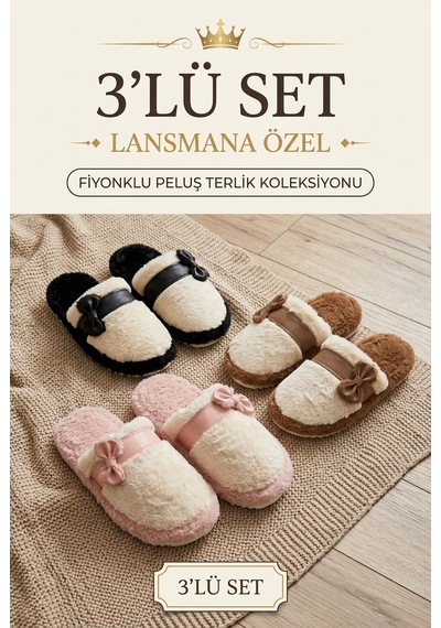 Stwenn 3 Lü Avantajlı Paket Kışlık Peluş Desenli Sessiz Ortopedik Taban Çeyiz Misafir Ev Terliği Set 3 Lü Osimen
