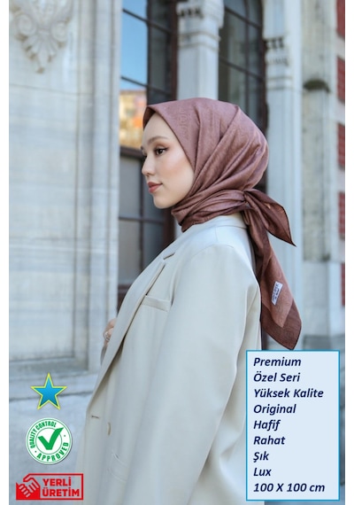 Eşarp - Premium Lux Original Monogram Eşarp İpek Vual, Yüksek Kalite, Hafif, Rahat, Şık, Scarf Kahverengi