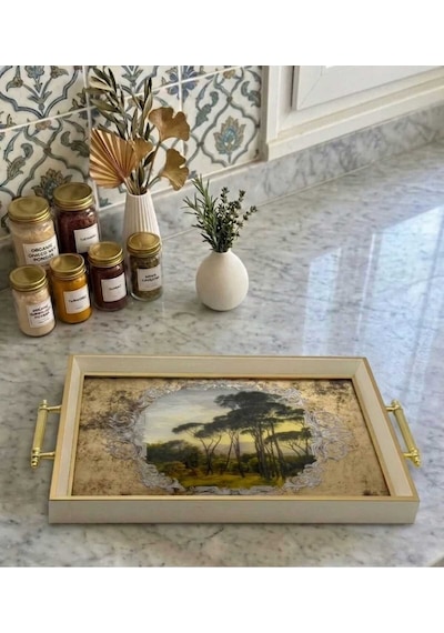 Orman Desenli Dekoratif Tepsi & Krem Gold Çerceveli Kulplu Çay Kahve Sunum Tepsisi