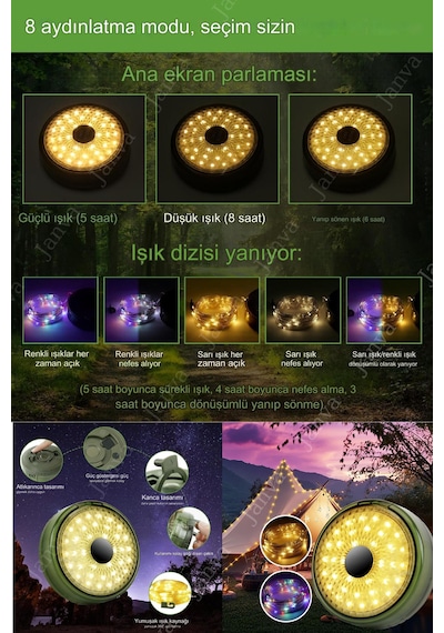 Solar Şarjlı 10 Metre Led Kamp Lambası Işıldak Fener Dekor Yıl Başı Süsü Perde Peri Şerit Kamp Günışığı